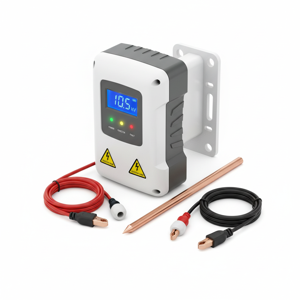 Electric Fence Energizer with digital display, earth spike, connection cables, and mounting hardware
