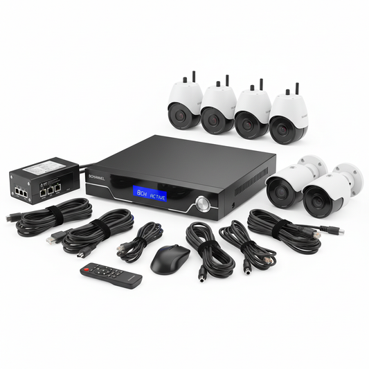 8-Camera CCTV Pro System with NVR recorder, HD cameras, PoE power supply, and complete installation kit