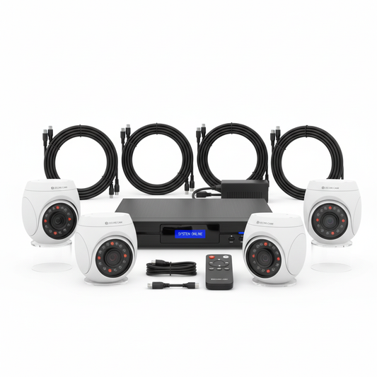 4-Camera CCTV Surveillance System with DVR recorder, HD cameras, and complete installation kit