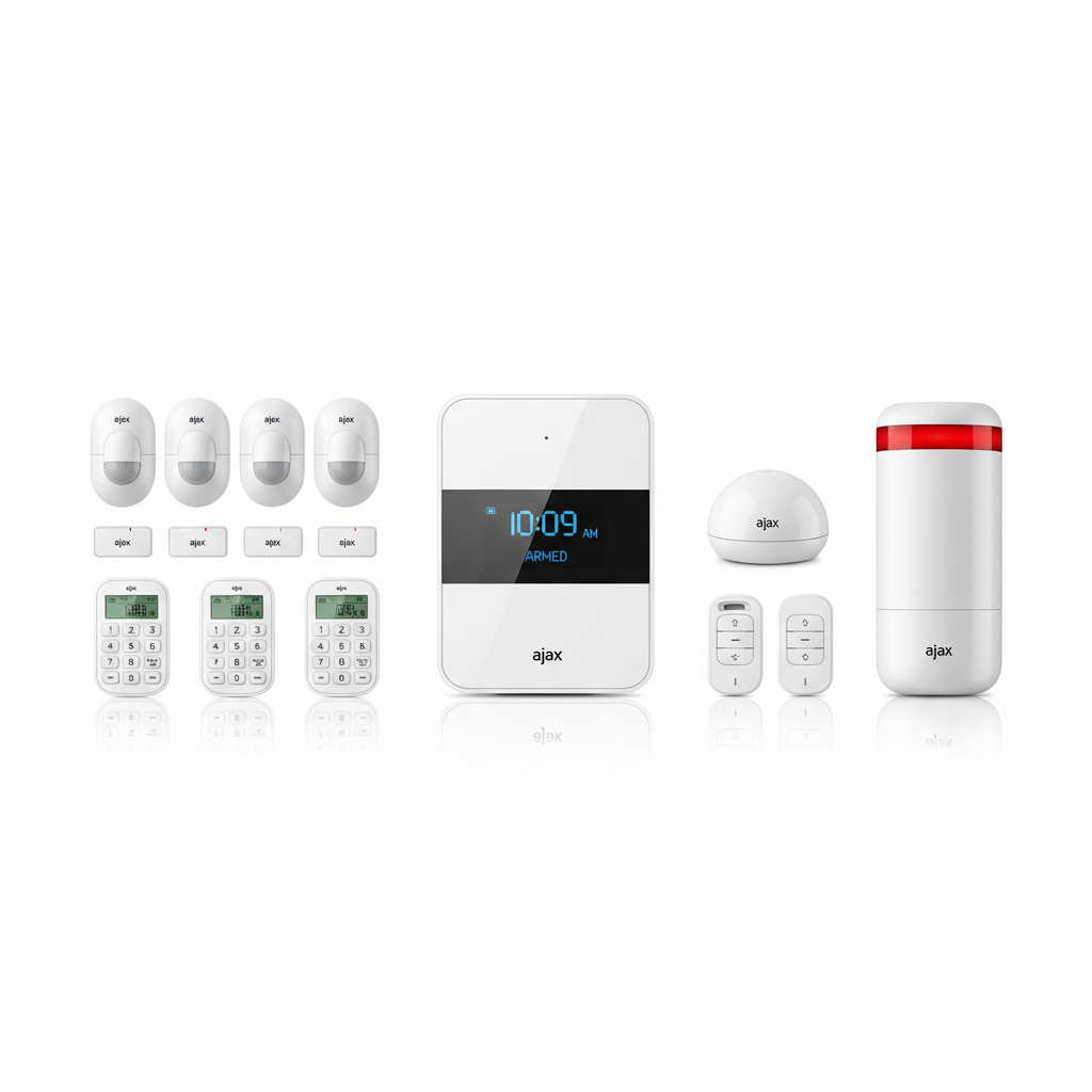 Ajax Premium Alarm Kit with Hub Plus, multiple sensors, keypads, remotes, and indoor/outdoor sirens