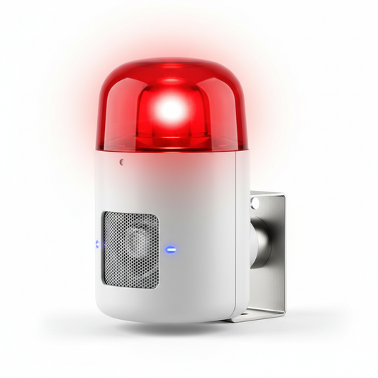 Outdoor security siren with red strobe light