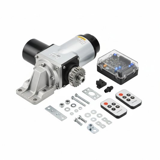 D5 Residential Gate Motor with control box, wireless remotes, and installation hardware