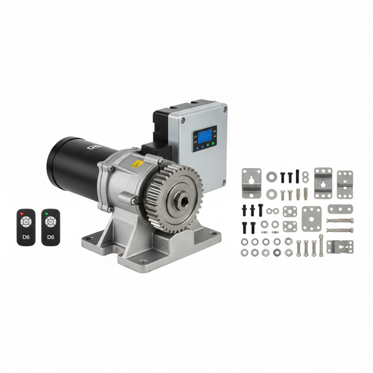 D6 Heavy-Duty Commercial Gate Motor with reinforced control box, wireless remotes, and industrial-grade installation hardware